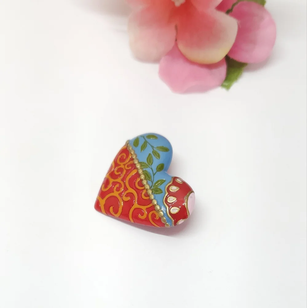 Vintage Hallmark Ganz Hand Painted Floral Heart Brooch or Pin